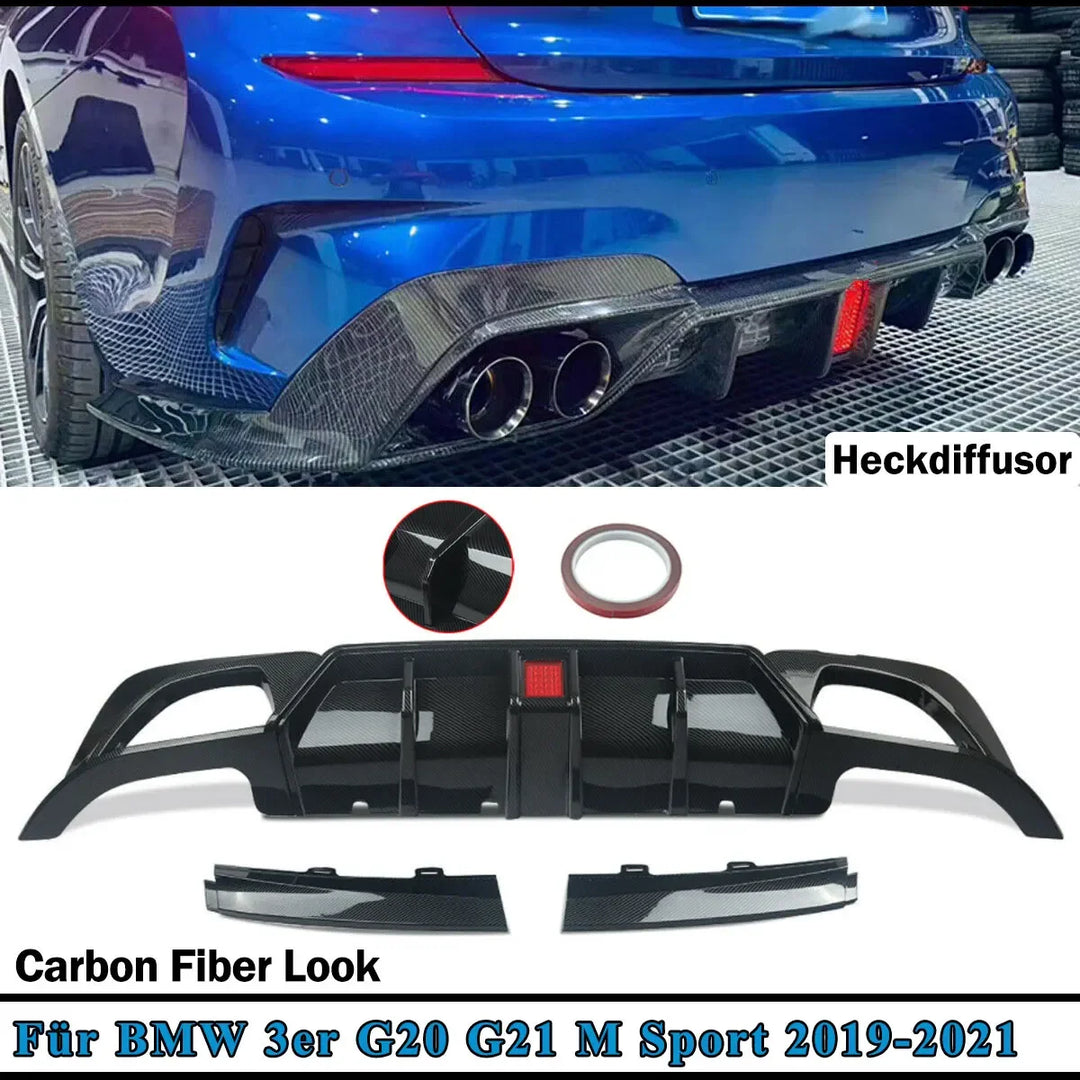 Carbon Look Rear Bumper Diffuser Quad Pipes For BMW 3 Series G20 G21 M Sport